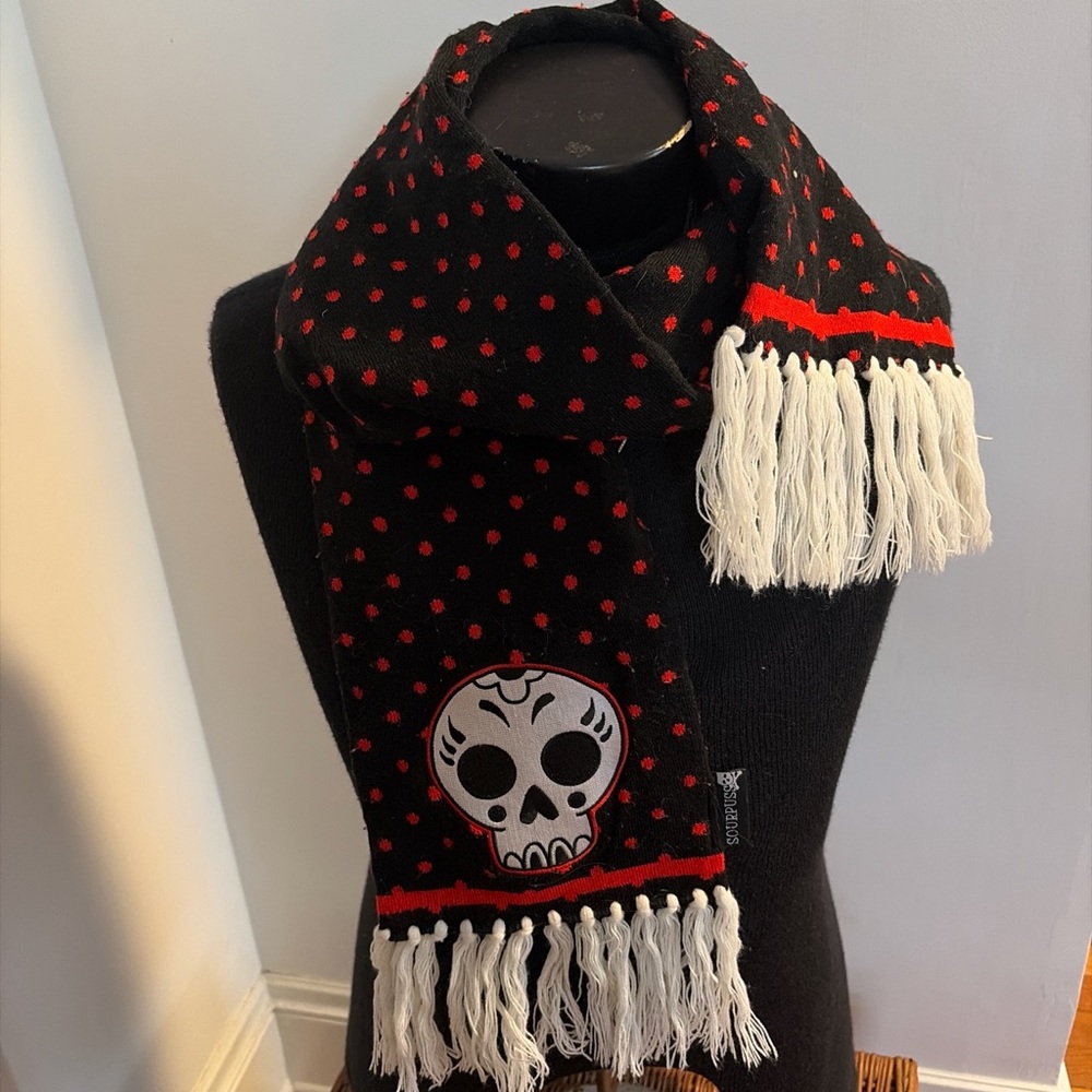 Sourpuss Black and Red Skull Scarf with Fringe